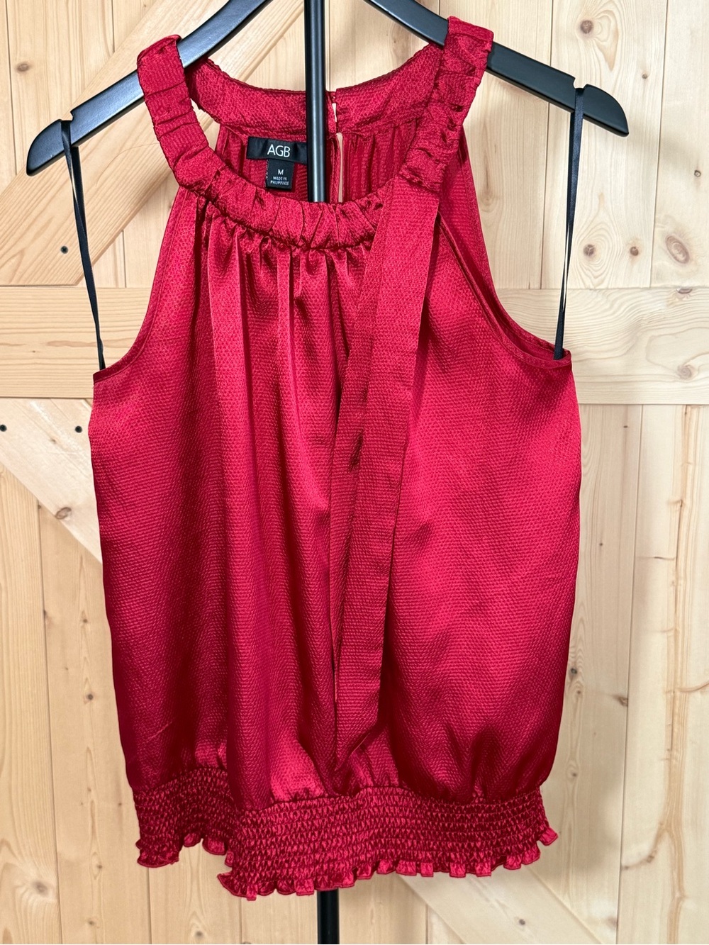 AGB Red Satin-Texture Halter Camisole with Tie Neck